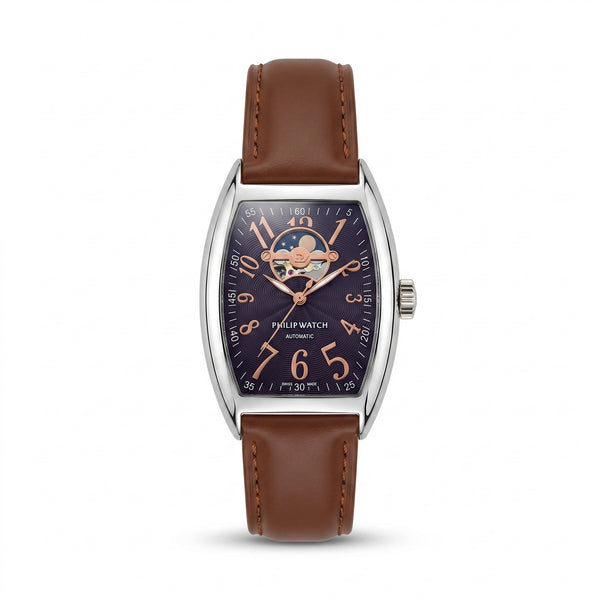 Philip Watch Automatic Open Heart - Tonneau Stainless Steel & Brown Leather Strap