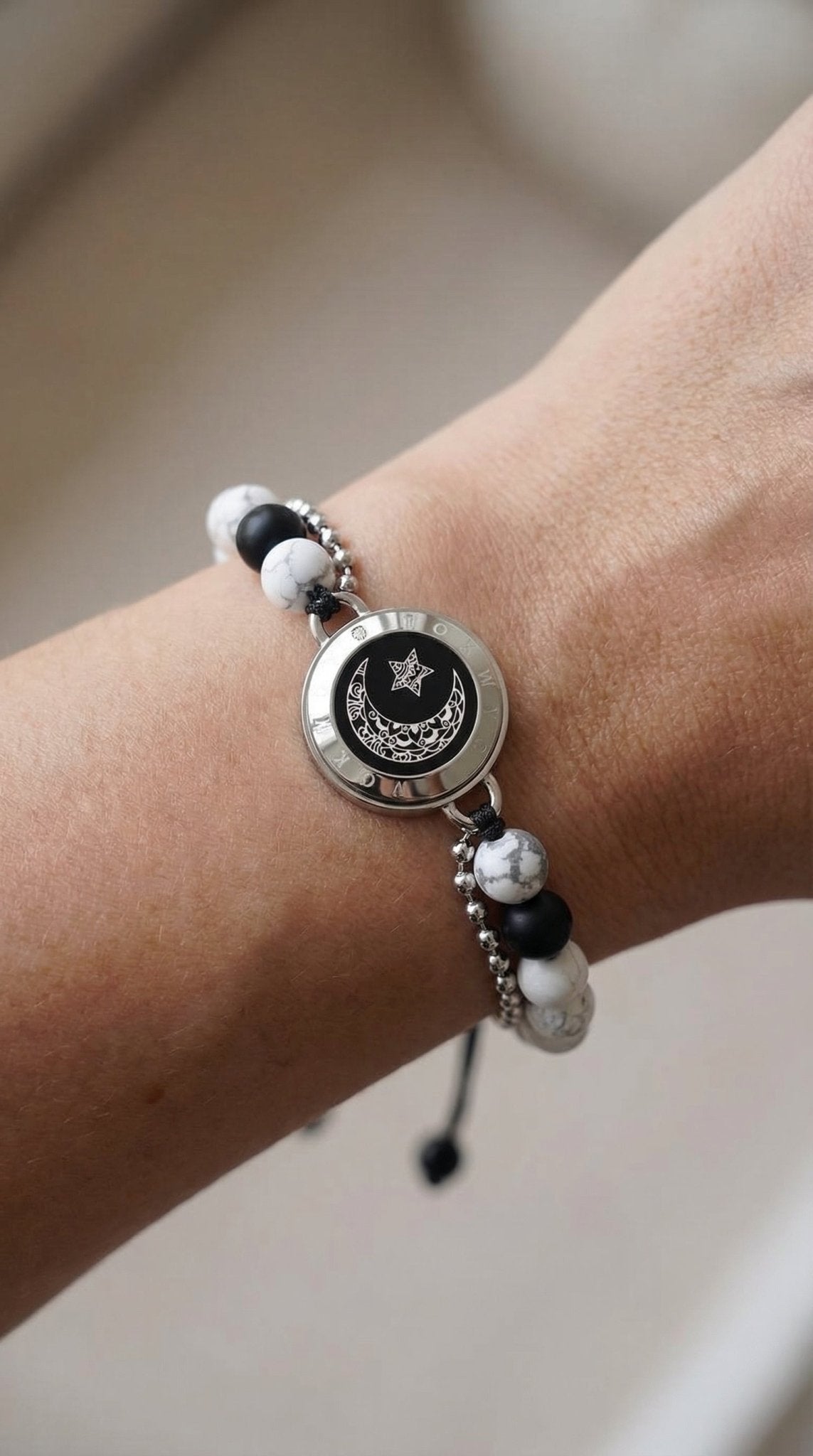 Moon&Star Touch Bracelets with Matching Beads (13 Types of Natural Beads+Black) - Naggat Silver
