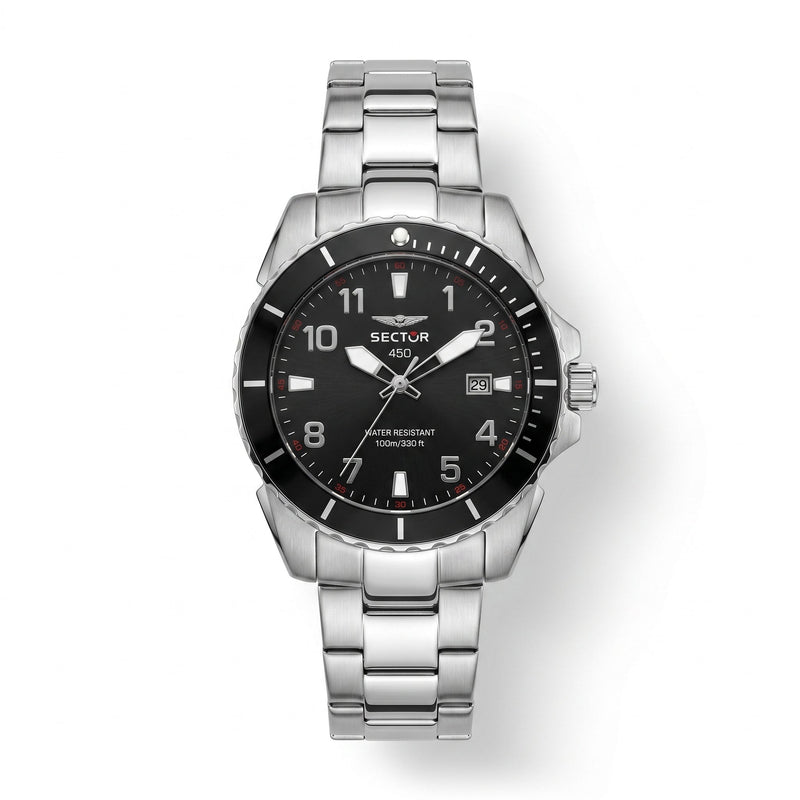 Sector 450 Diver Watch – Black Dial & Stainless Steel Bracelet - Naggat Silver