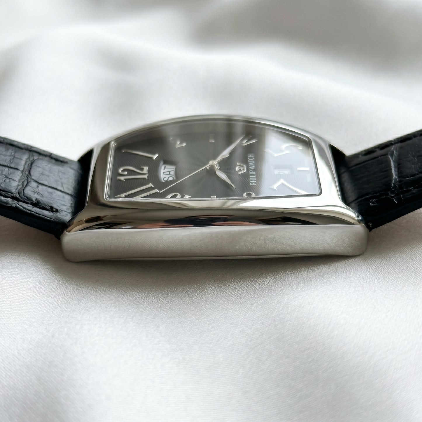 Philip Watch Automatic Day-Date – Tonneau Black Dial & Black Leather Strap