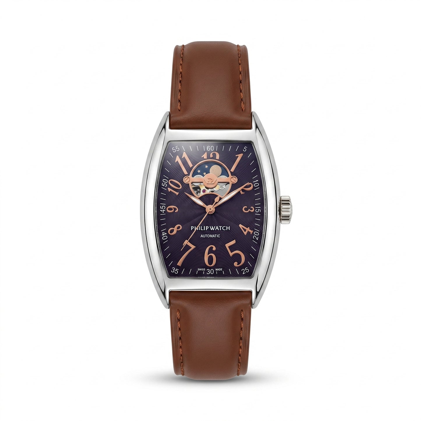 Philip Watch Automatic Open Heart - Tonneau Stainless Steel & Brown Leather Strap