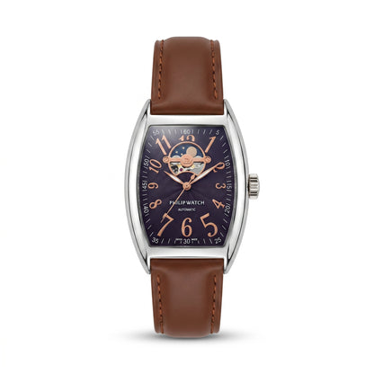 Philip Watch Automatic Open Heart - Tonneau Stainless Steel & Brown Leather Strap