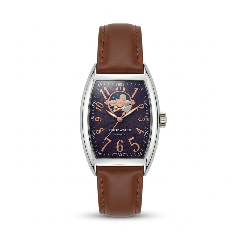 Philip Watch Open Heart Automatic Silver Dial Brown Leather Watch
