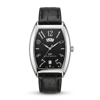 Philip Watch Automatic Day-Date – Tonneau Black Dial & Black Leather Strap - مجوهرات فضة في مصر