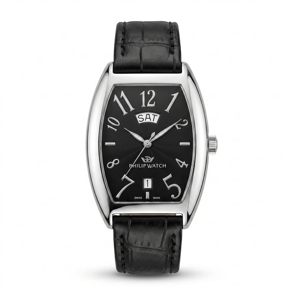 Philip Watch Automatic Day-Date – Tonneau Black Dial & Black Leather Strap - مجوهرات فضة في مصر