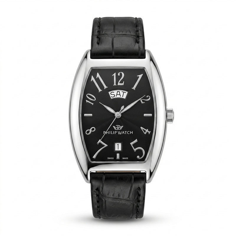 Philip Watch Automatic Day-Date – Tonneau Black Dial & Black Leather Strap - مجوهرات فضة في مصر