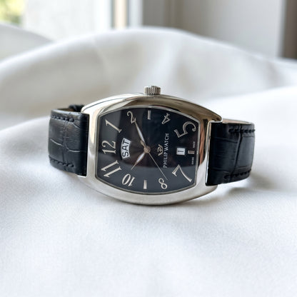 Philip Watch Automatic Day-Date – Tonneau Black Dial & Black Leather Strap