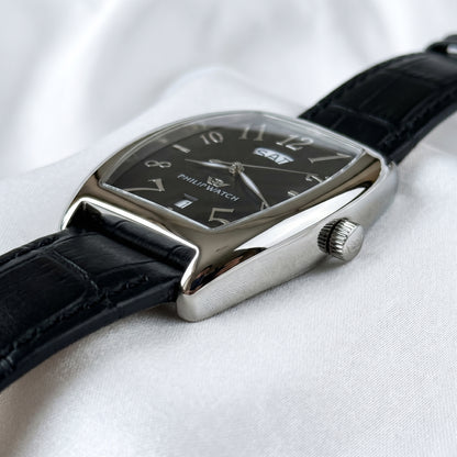 Philip Watch Automatic Day-Date – Tonneau Black Dial & Black Leather Strap