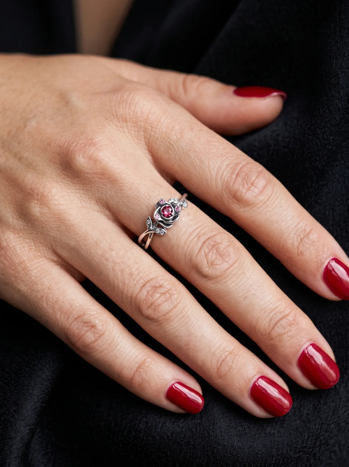 Sterling Silver Rose & Pink Zircon Gemstone Ring - Woman_wearing_luxury_ring_2K_20261016202235.webp