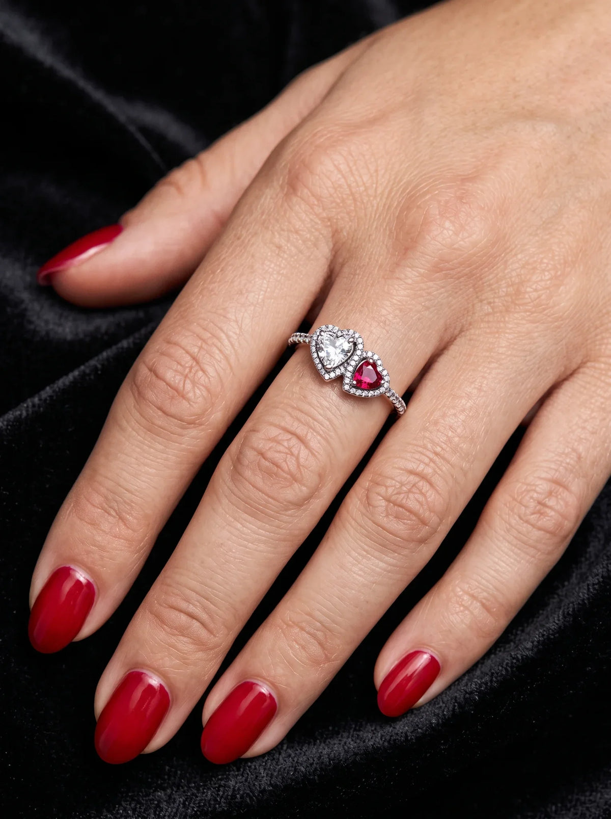 Pandora Two Hearts Ring   Sterling Silver Red & Clear Gemstones - Woman_wearing_ring_2K_20261016200217.webp