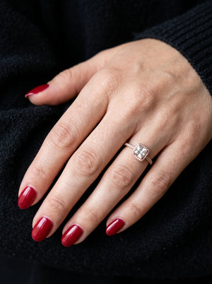 Rose Gold Cushion Cut Square Halo Ring - Woman_wearing_ring_with_manicure_2K_20261016205601.webp