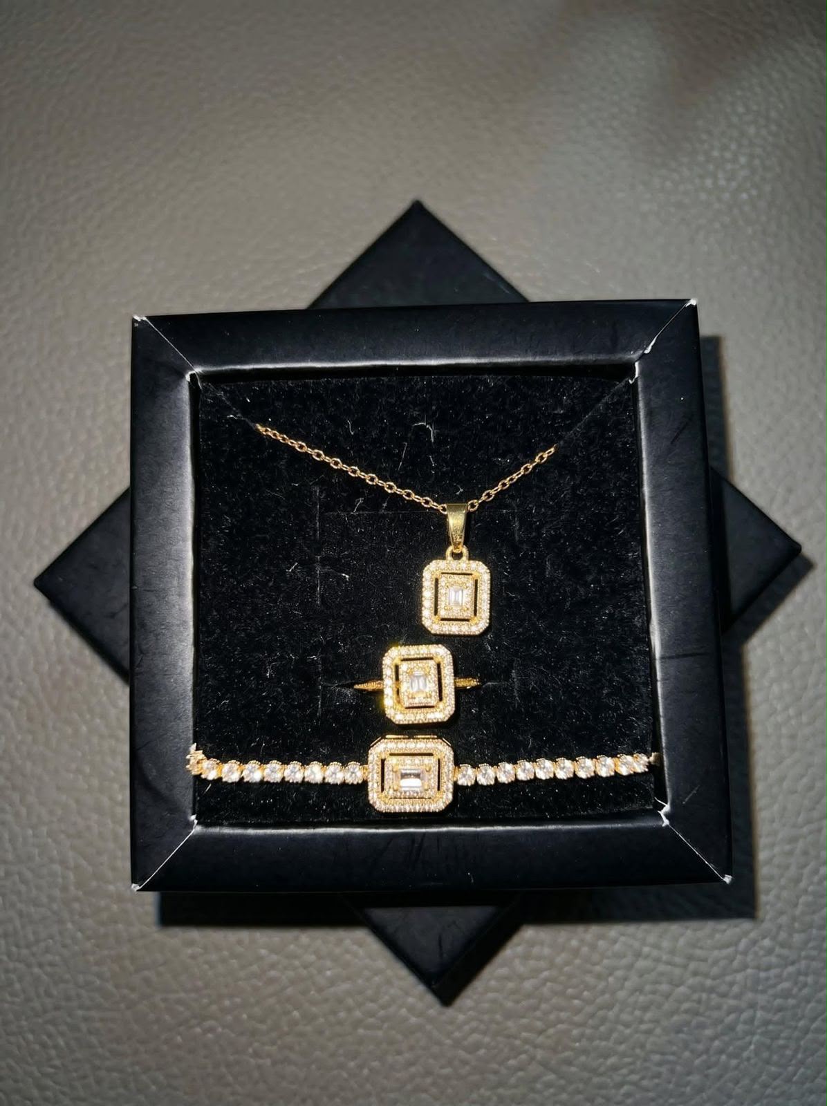Lazord Emerald Cut CZ Necklace & Ring Set – Gold-Tone Women’s Jewelry - مجوهرات فضة في مصر
