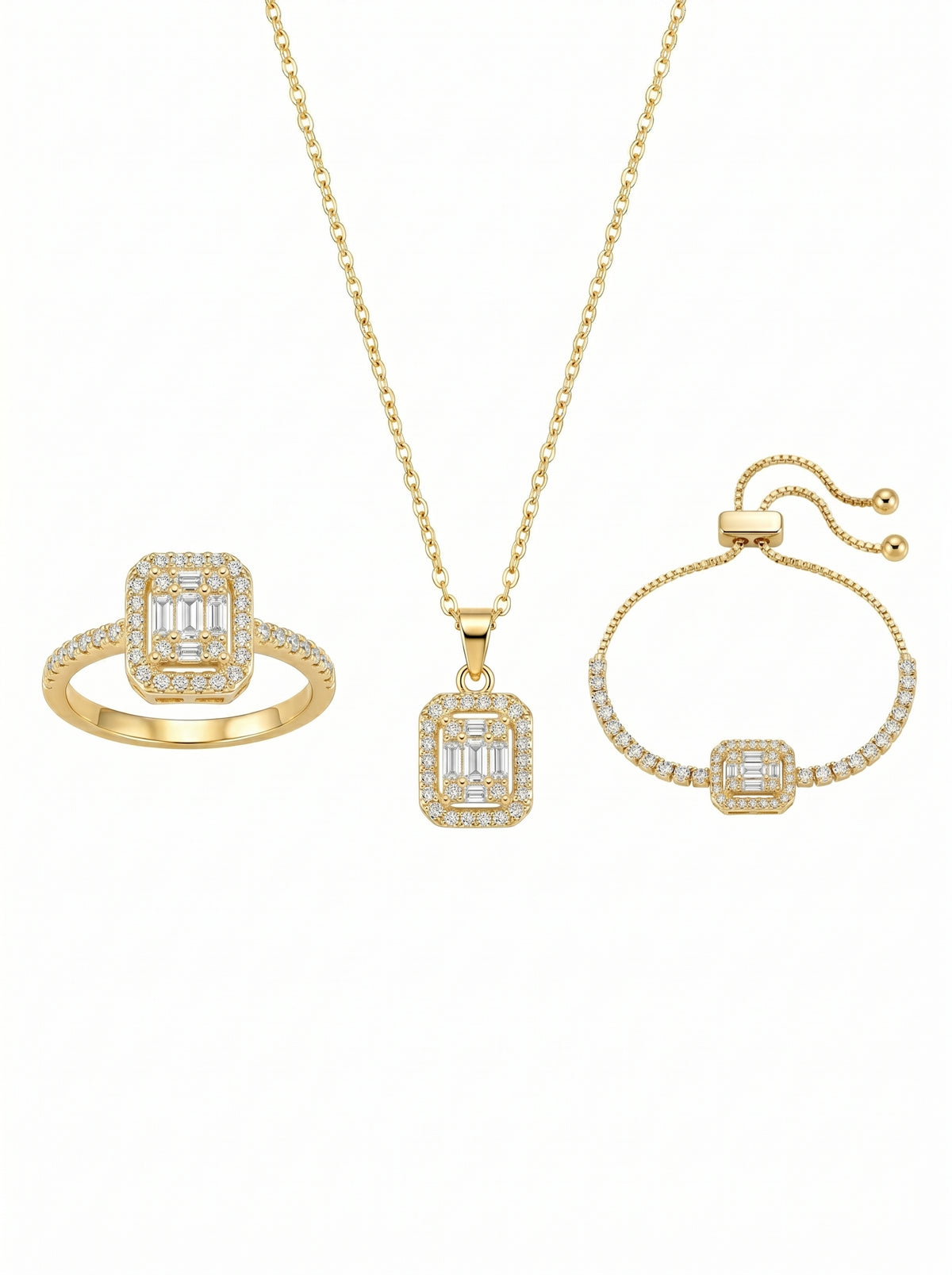 Lazord Emerald Cut CZ Necklace & Ring Set – Gold-Tone Women’s Jewelry - مجوهرات فضة في مصر