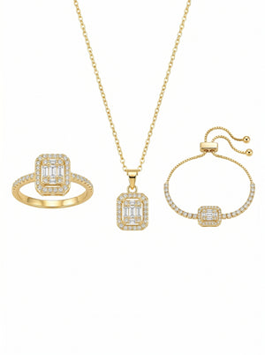 Lazord Emerald Cut CZ Necklace & Ring Set – Gold-Tone Women’s Jewelry - مجوهرات فضة في مصر
