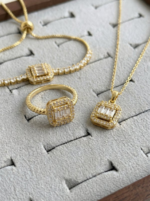 Lazord Emerald Cut CZ Necklace & Ring Set – Gold-Tone Women’s Jewelry - مجوهرات فضة في مصر