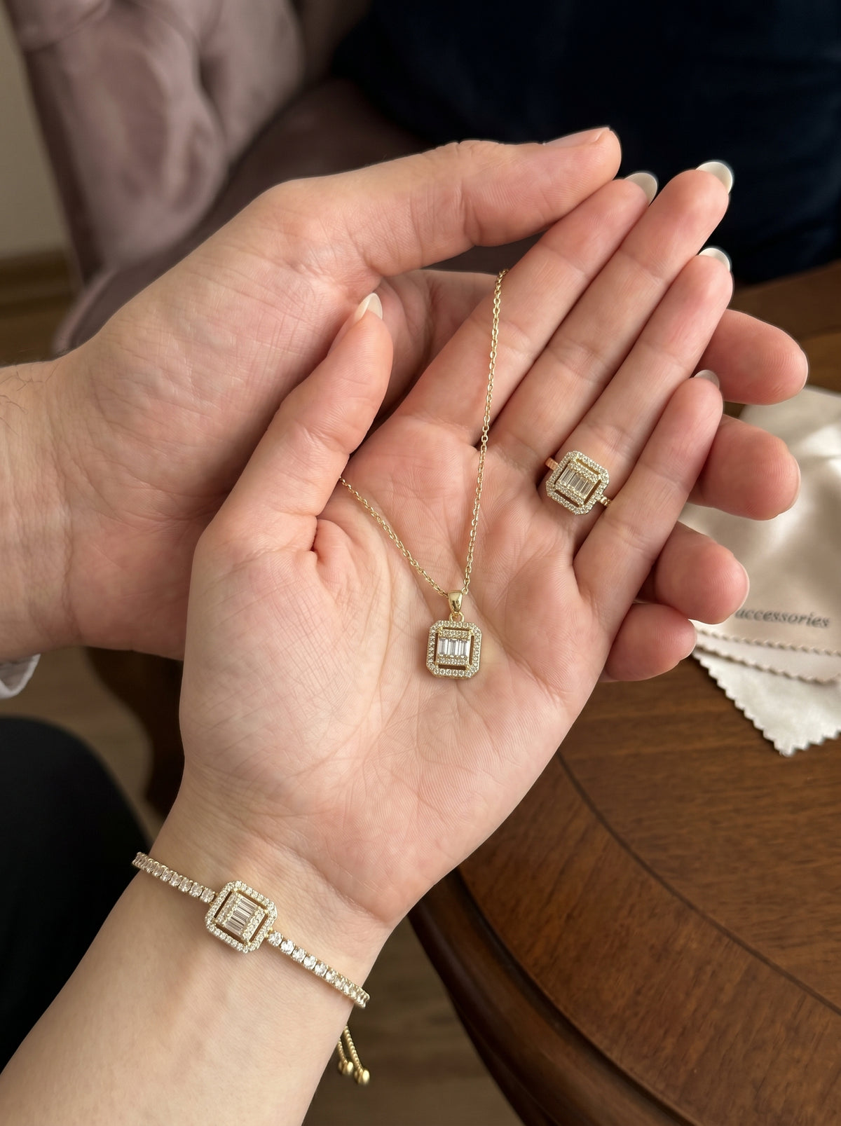 Lazord Emerald Cut CZ Necklace & Ring Set – Gold-Tone Women’s Jewelry - مجوهرات فضة في مصر