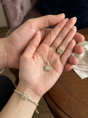 Lazord Emerald Cut CZ Necklace & Ring Set – Gold-Tone Women’s Jewelry - مجوهرات فضة في مصر