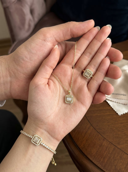 Lazord Emerald Cut CZ Necklace & Ring Set – Gold-Tone Women’s Jewelry - مجوهرات فضة في مصر
