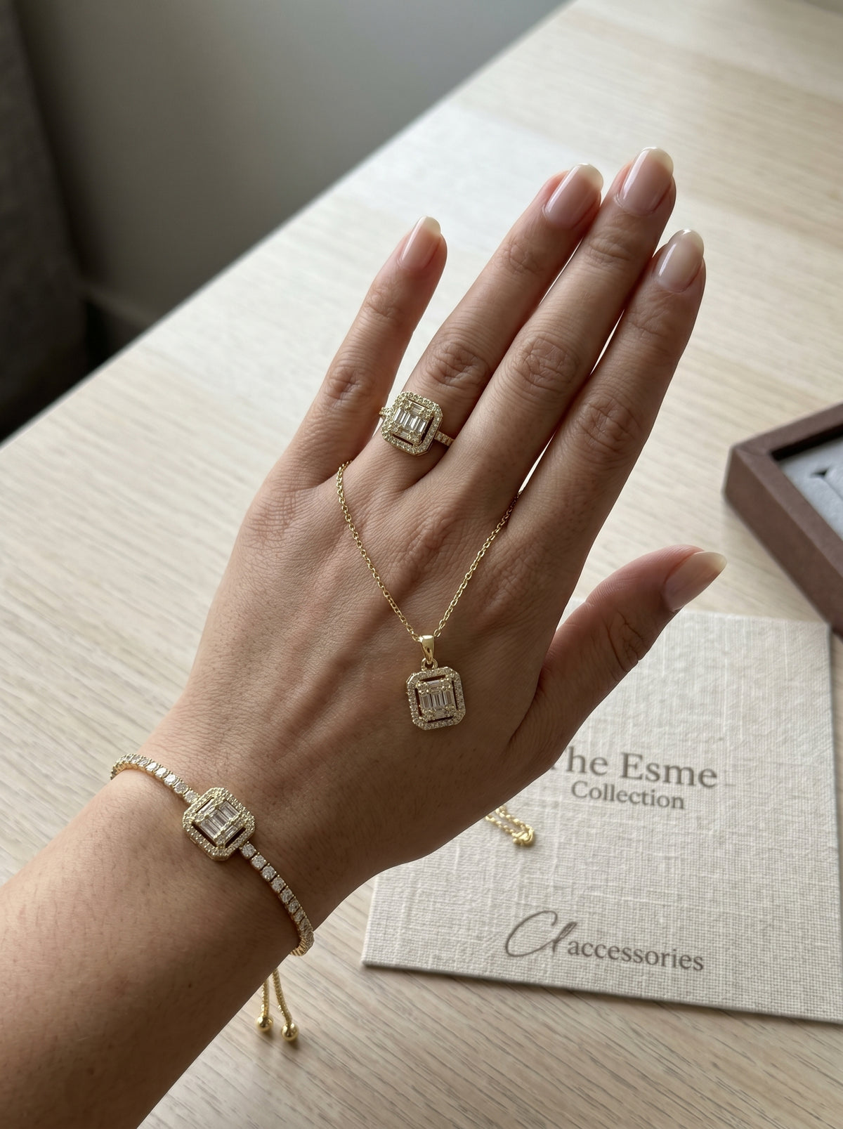 Lazord Emerald Cut CZ Necklace & Ring Set – Gold-Tone Women’s Jewelry - مجوهرات فضة في مصر