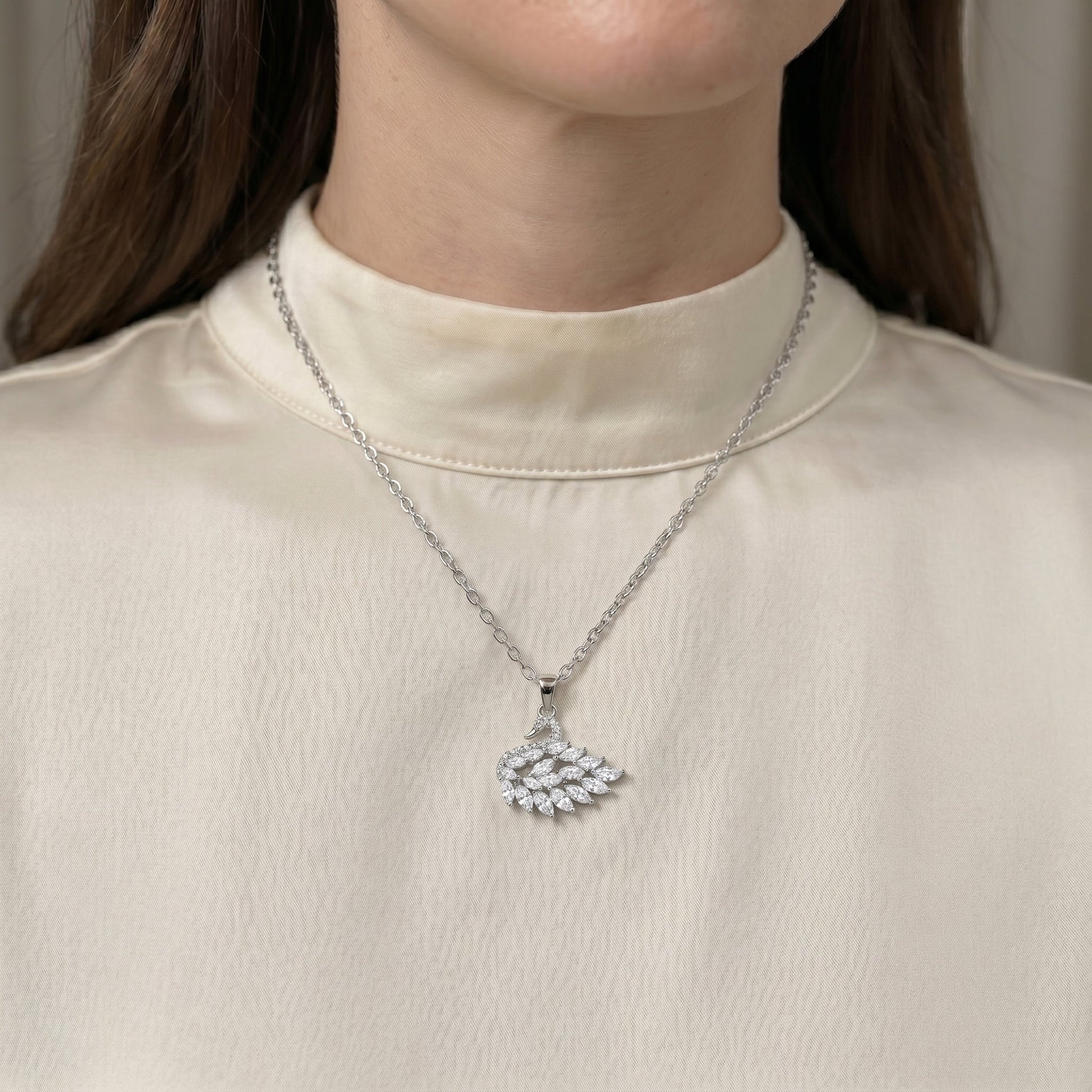 Graceful Swan Crystal Necklace (CLEAR) - Naggat Silver