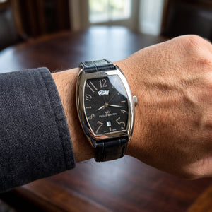 Philip Watch Automatic Day-Date Black Dial Leather Strap Watch - Naggat Silver