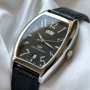 Philip Watch Automatic Day-Date Black Dial Leather Strap Watch - Naggat Silver