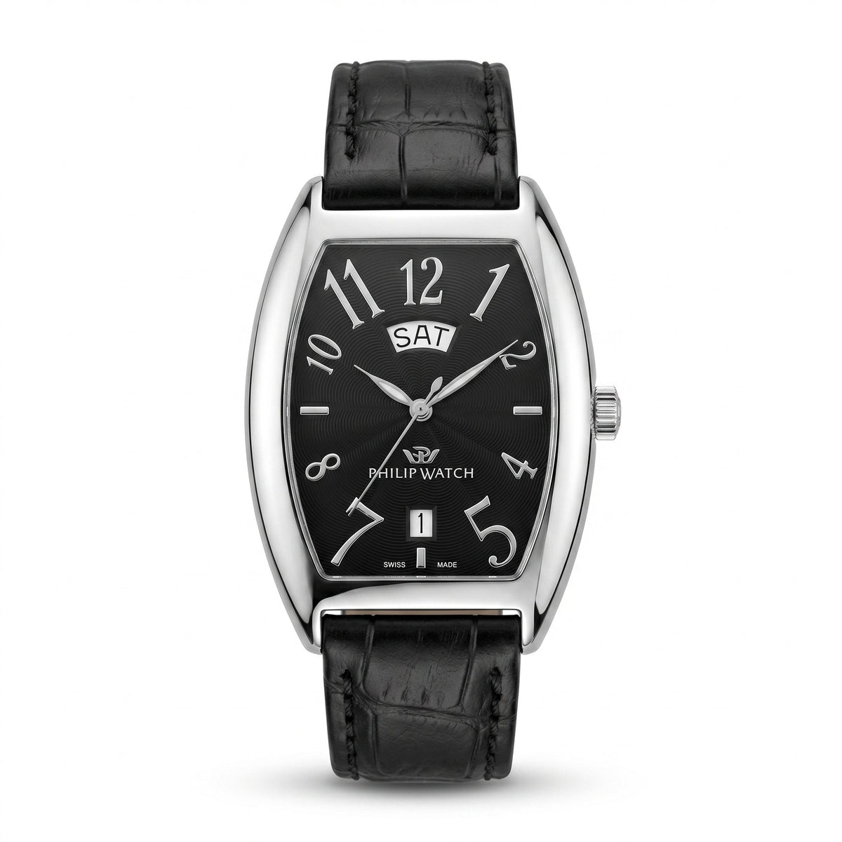 Philip Watch Automatic Day-Date Black Dial Leather Strap Watch - Naggat Silver