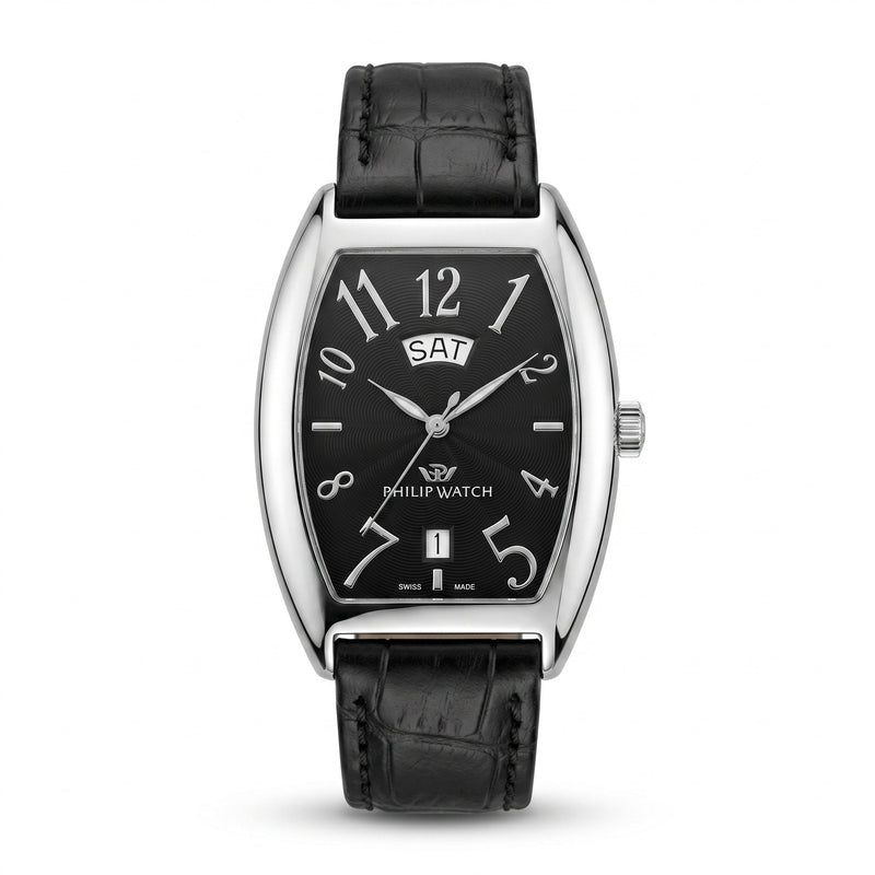 Philip Watch Automatic Day-Date Black Dial Leather Strap Watch - Naggat Silver