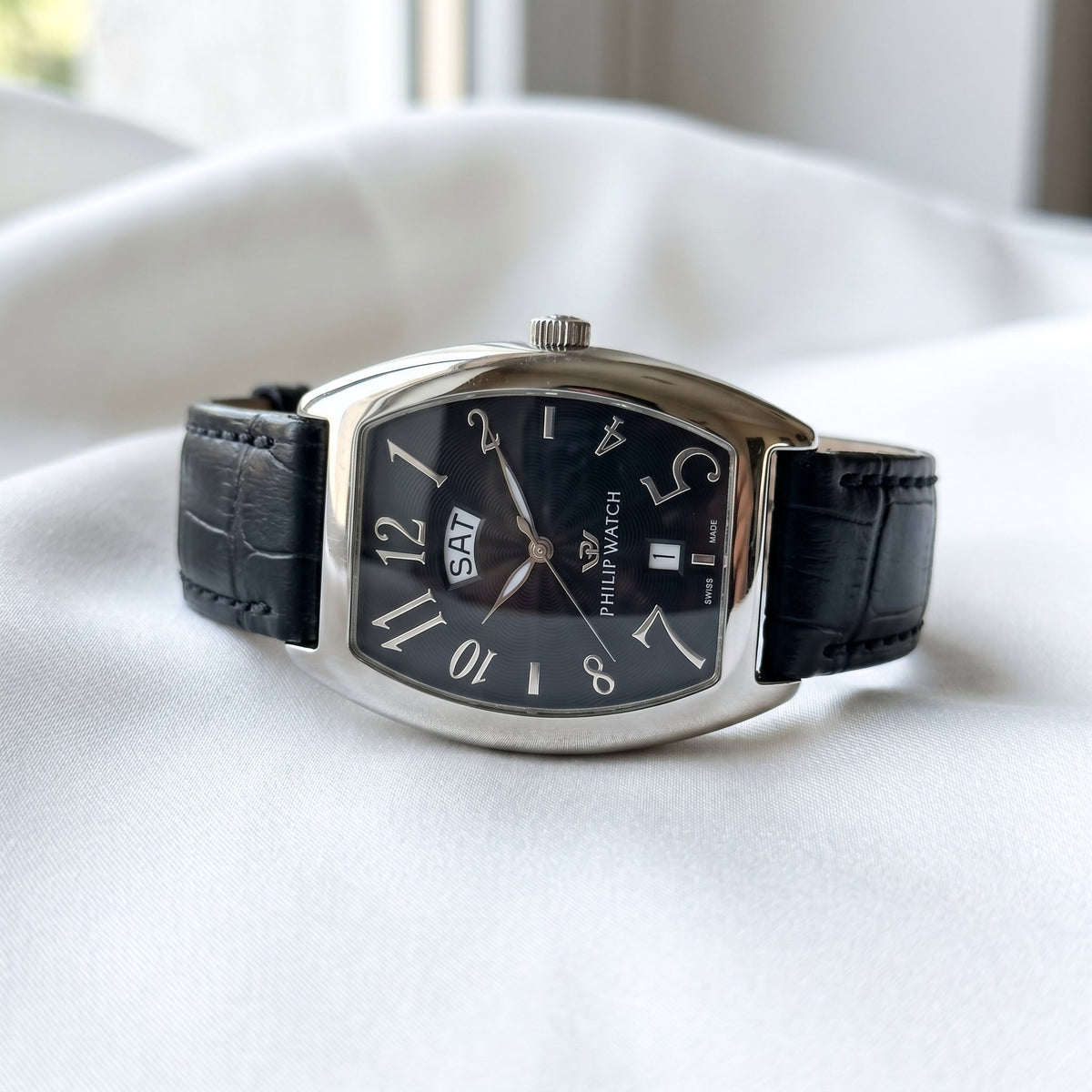 Philip Watch Automatic Day-Date Black Dial Leather Strap Watch - Naggat Silver