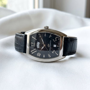 Philip Watch Automatic Day-Date Black Dial Leather Strap Watch - Naggat Silver