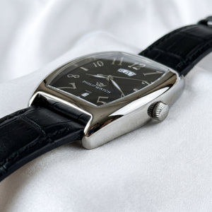 Philip Watch Automatic Day-Date Black Dial Leather Strap Watch - Naggat Silver