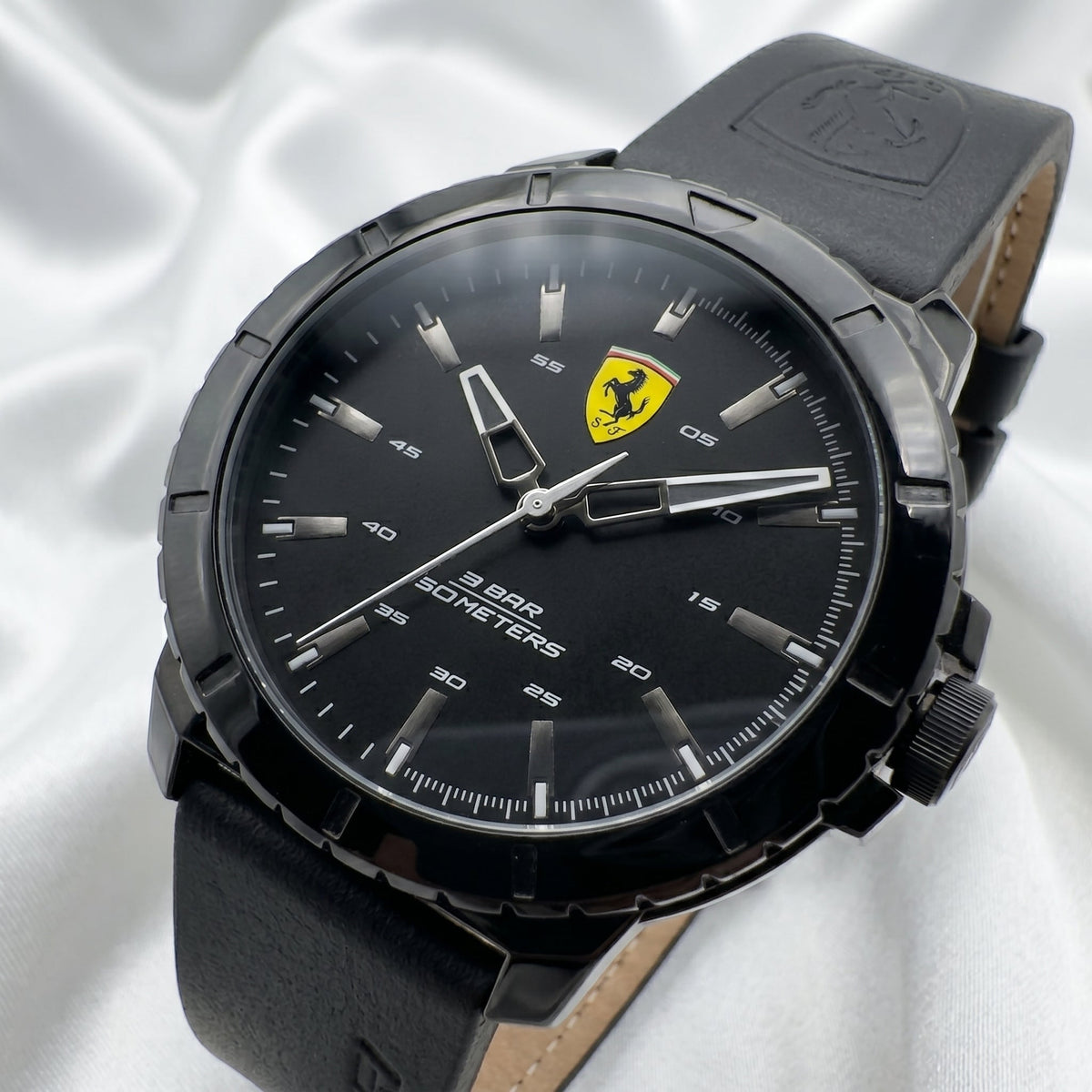 Scuderia Ferrari All-Black Racing Watch – Silicone/Leather Hybrid Strap - Naggat Silver