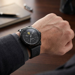 Scuderia Ferrari All-Black Racing Watch – Silicone/Leather Hybrid Strap - Naggat Silver