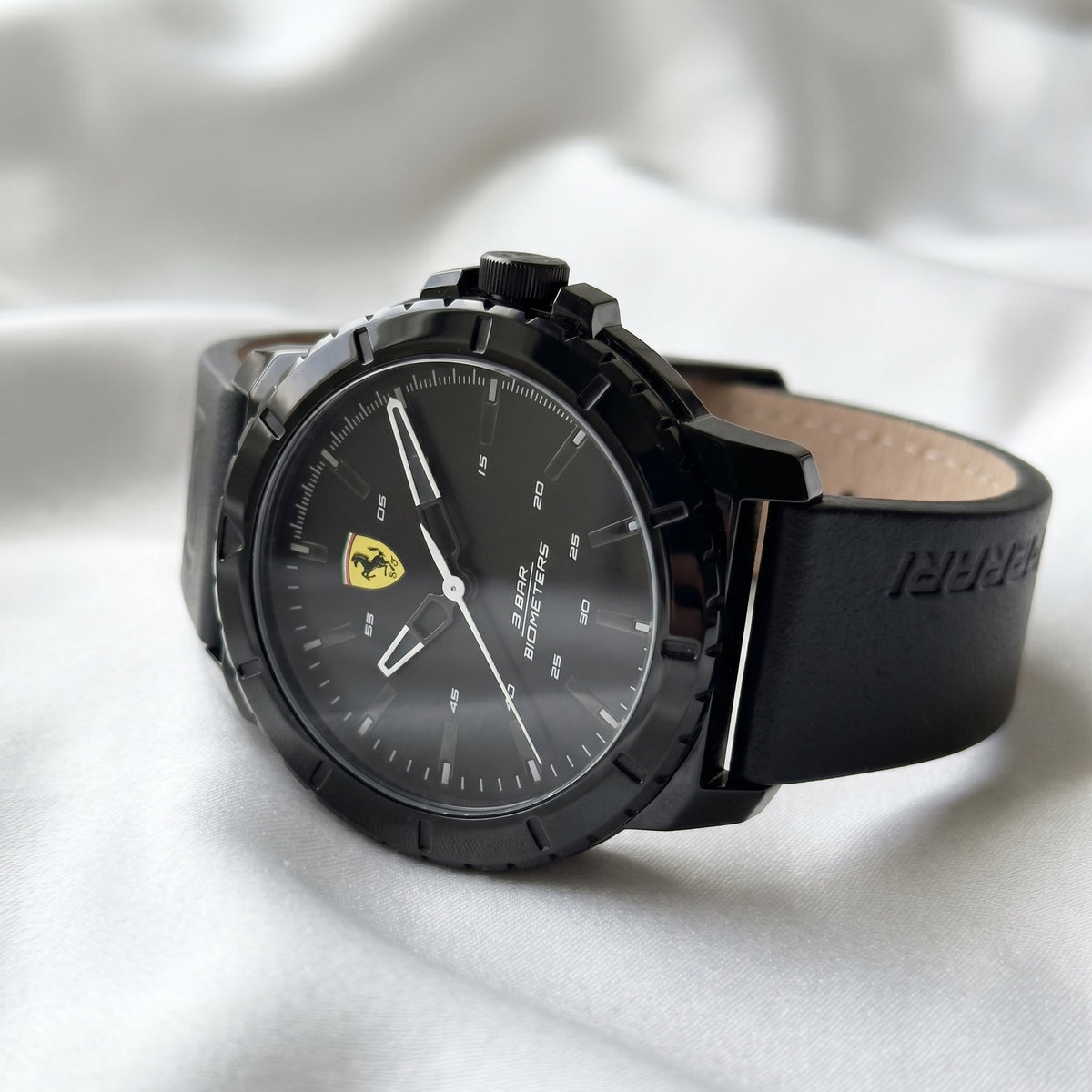 Scuderia Ferrari All-Black Racing Watch – Silicone/Leather Hybrid Strap - Naggat Silver