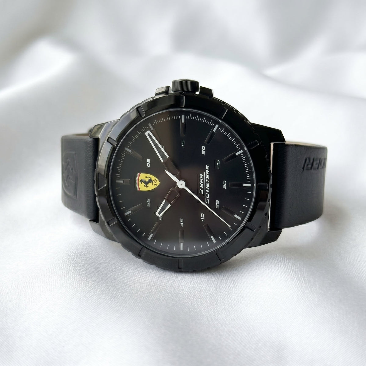 Scuderia Ferrari All-Black Racing Watch – Silicone/Leather Hybrid Strap - Naggat Silver
