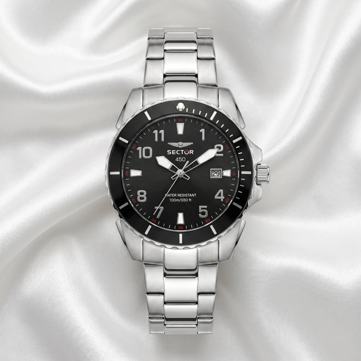 Sector 450 Diver Watch – Black Dial & Stainless Steel Bracelet - Naggat Silver