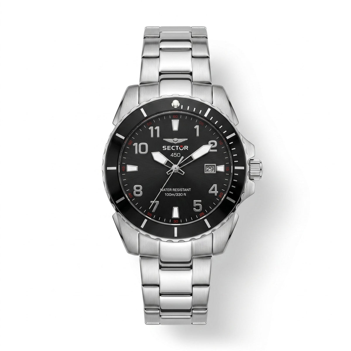 Sector 450 Diver Watch – Black Dial & Stainless Steel Bracelet - Naggat Silver